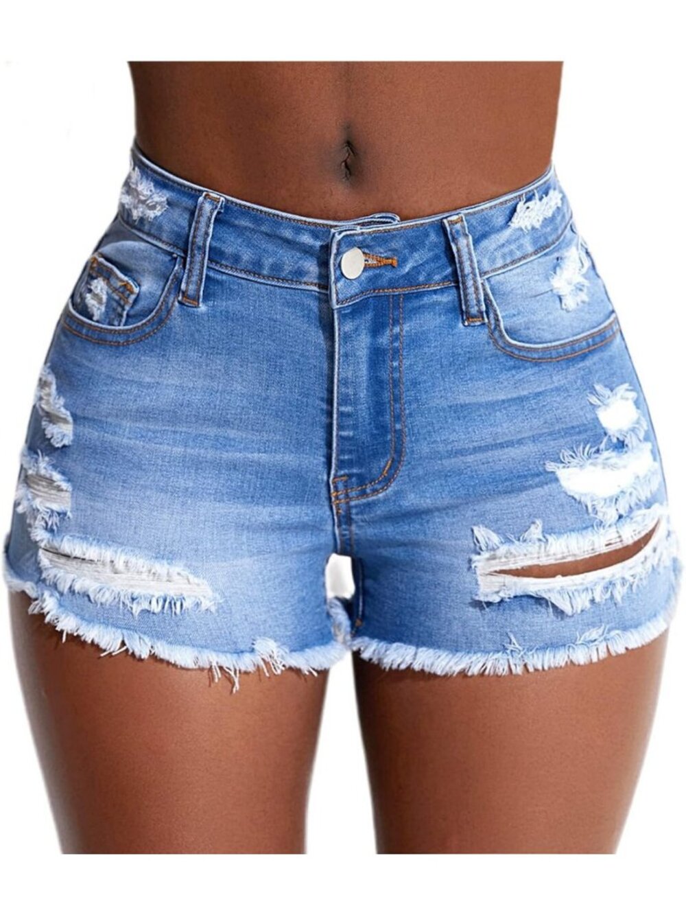 Stylish Women's Distressed Denim Shorts - Mid Waist, Ripped, Frayed Hem, Casual
